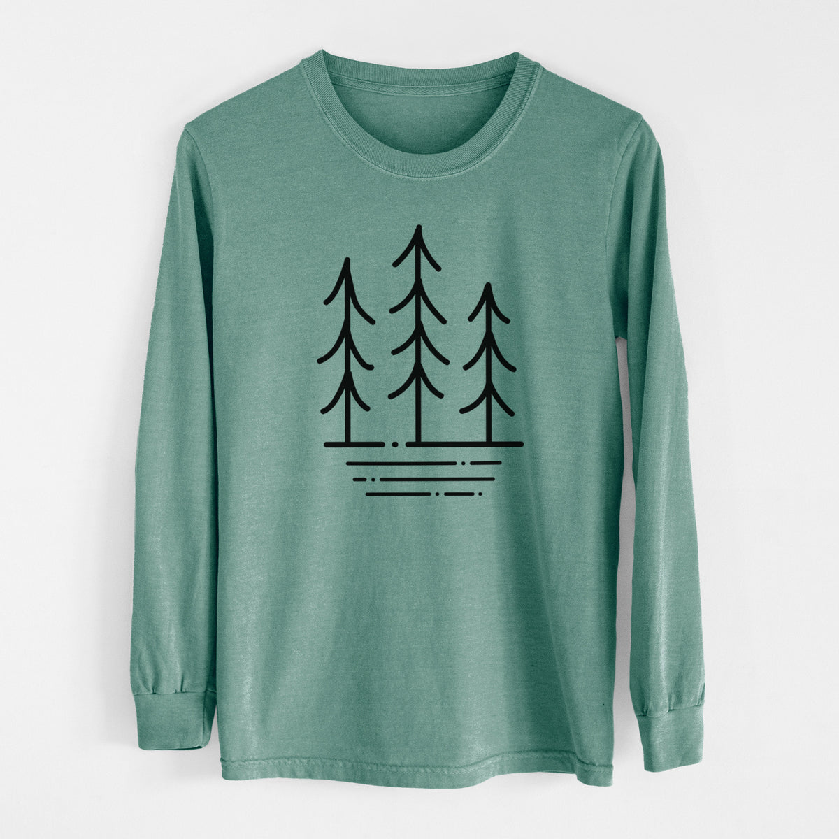 Pine green Comfort Colors long sleeve shirt laid flat, printed with black line art of three simple pine trees above horizontal lines.