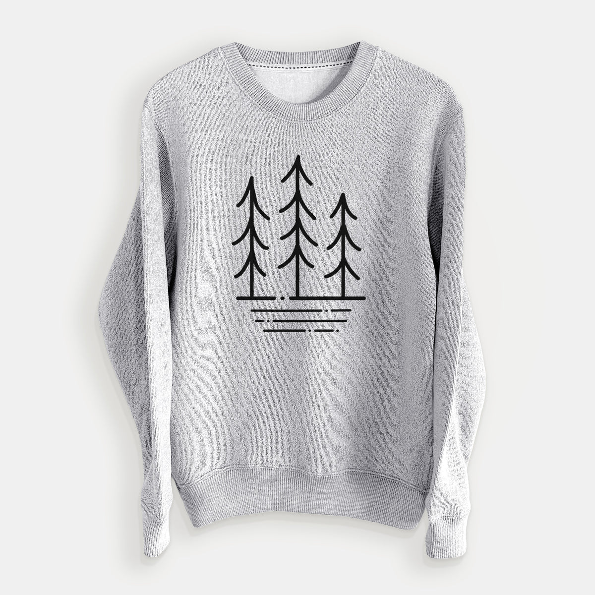 Salt and pepper knit sweatshirt laid flat, printed with black line art of three simple pine trees above horizontal lines.