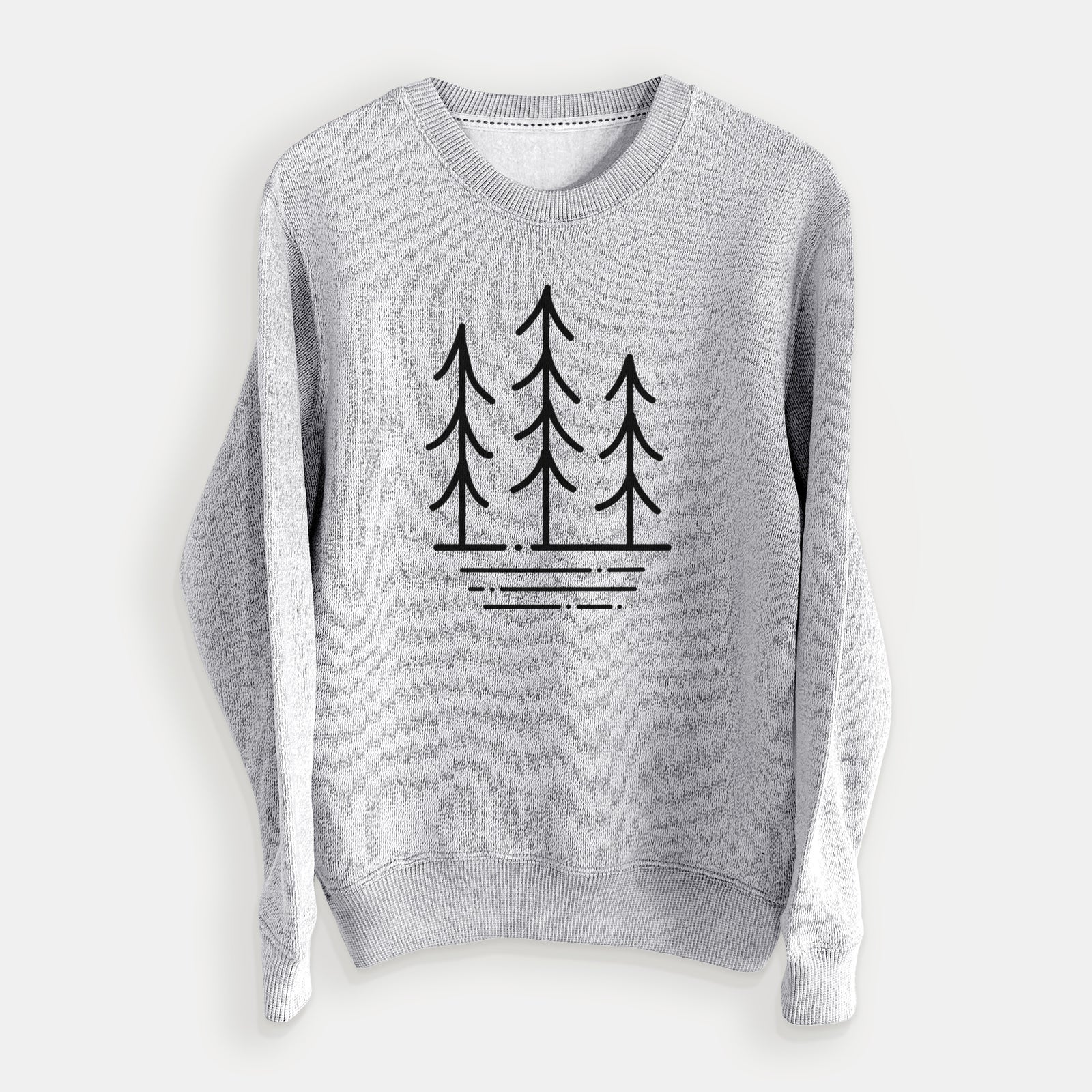 Salt and pepper knit sweatshirt laid flat, printed with black line art of three simple pine trees above horizontal lines.