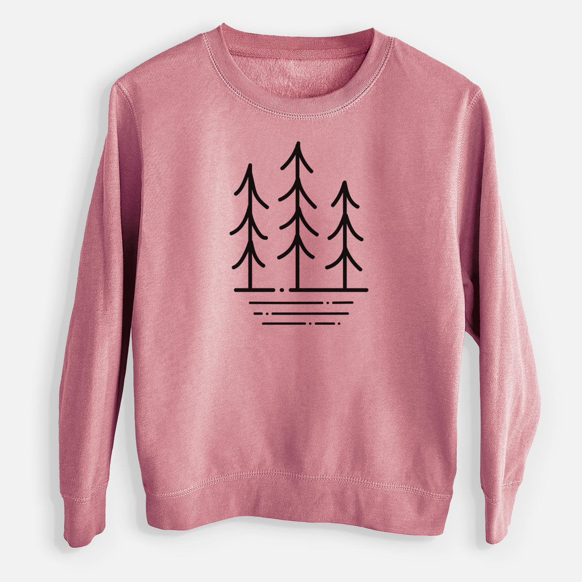 Mauve pink youth crewneck sweatshirt laid flat, printed with black line art of three simple pine trees above horizontal lines.