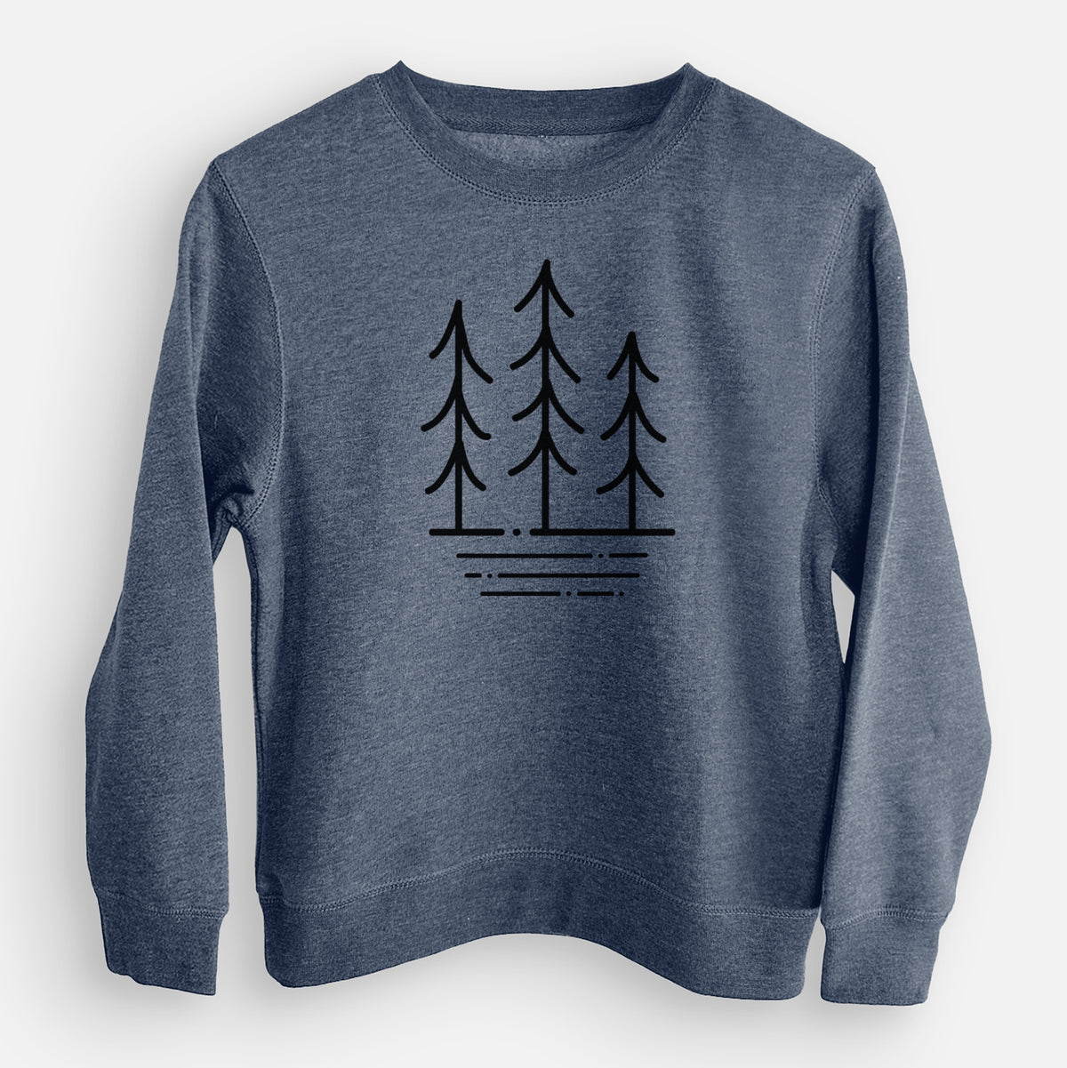 Storm blue youth crewneck sweatshirt laid flat, printed with black line art of three simple pine trees above horizontal lines.