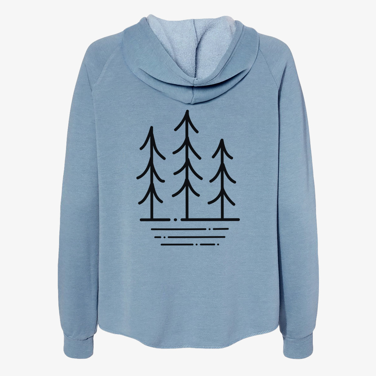 Misty blue women's Cali Wave zip-up sweatshirt laid flat, printed with black line art of three simple pine trees above horizontal lines.