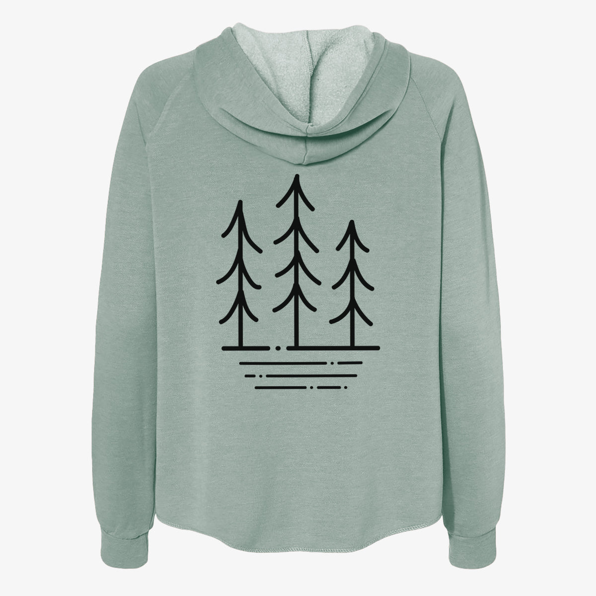 Sage green women's Cali Wave zip-up sweatshirt laid flat, printed with black line art of three simple pine trees above horizontal lines.