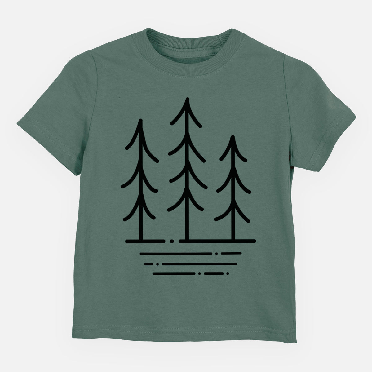 Basil green toddler t-shirt laid flat, printed with black line art of three simple pine trees above horizontal lines.