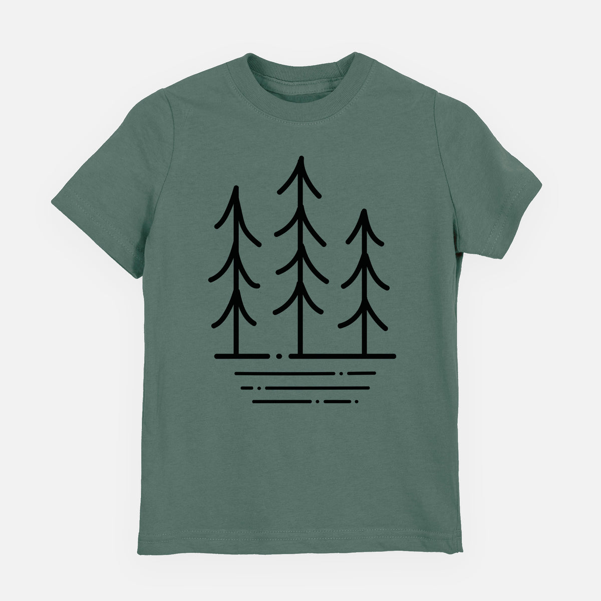 Basil green youth t-shirt laid flat, printed with black line art of three simple pine trees above horizontal lines.