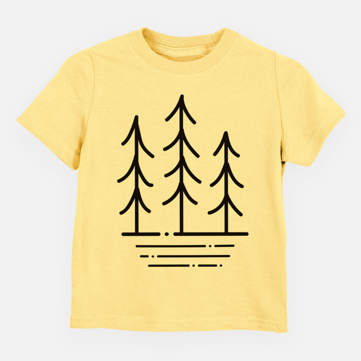 Butter yellow toddler t-shirt laid flat, printed with black line art of three simple pine trees above horizontal lines.