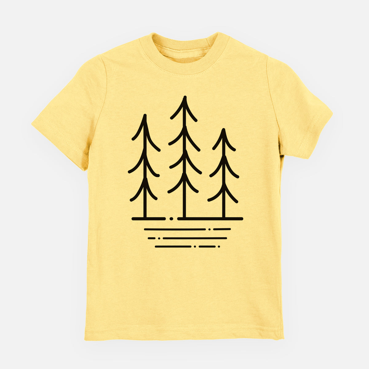 Butter yellow youth t-shirt laid flat, printed with black line art of three simple pine trees above horizontal lines.