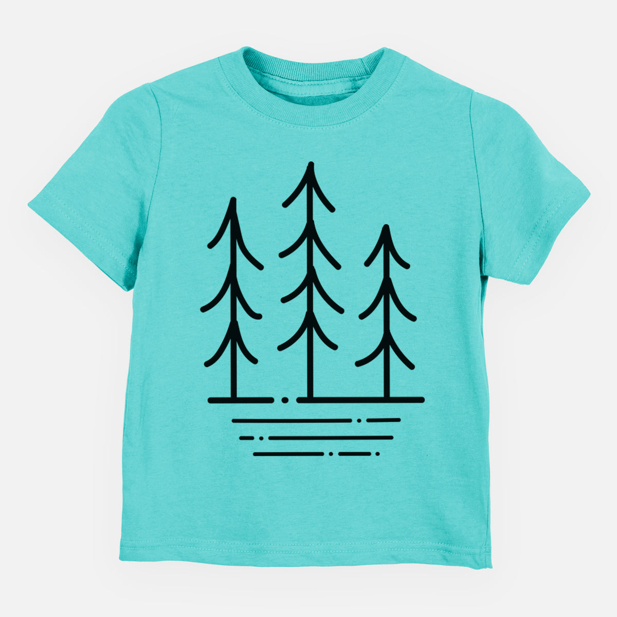 Caribbean blue toddler t-shirt laid flat, printed with black line art of three simple pine trees above horizontal lines.