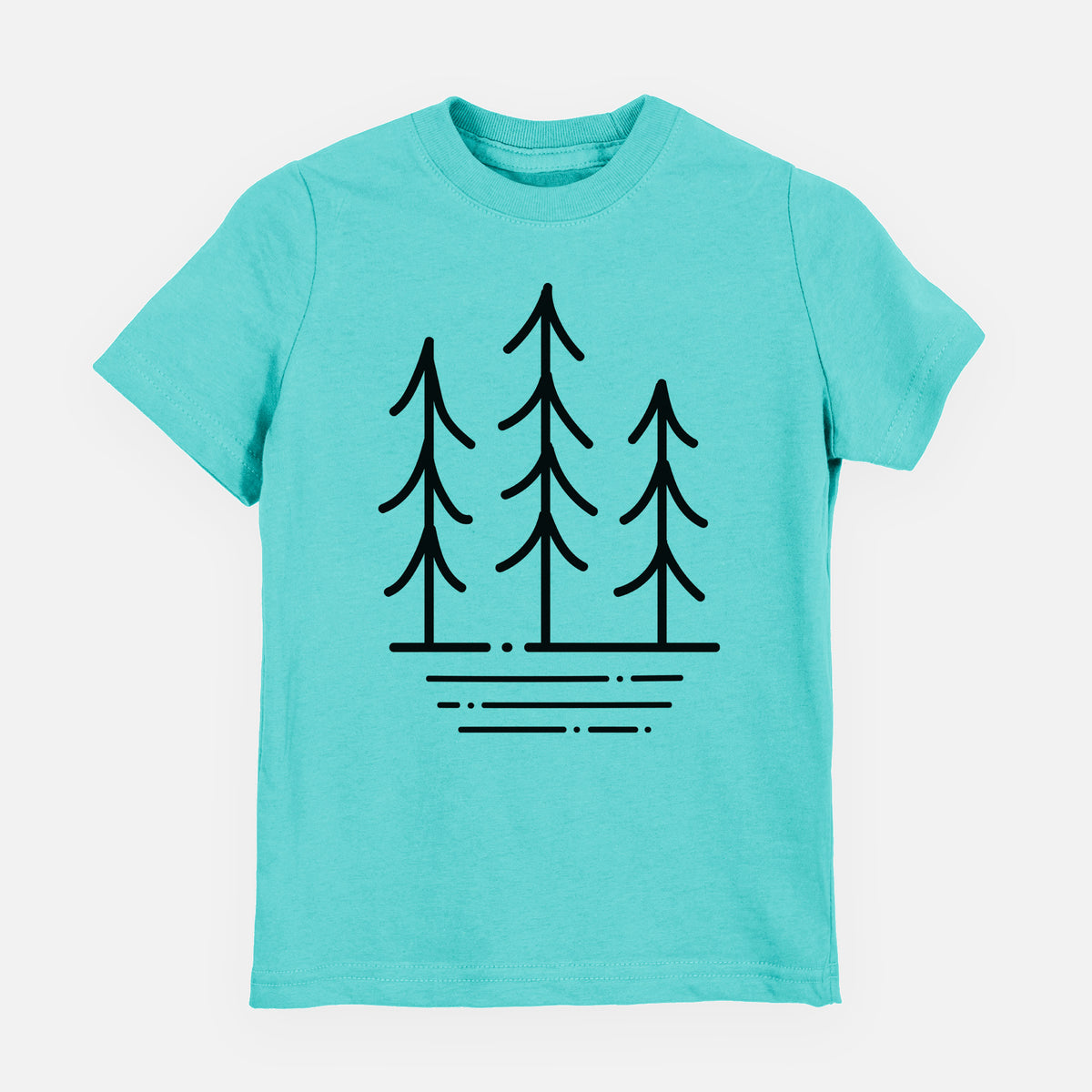 Caribbean blue youth t-shirt laid flat, printed with black line art of three simple pine trees above horizontal lines.
