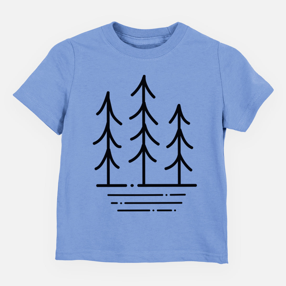 Carolina blue toddler t-shirt laid flat, printed with black line art of three simple pine trees above horizontal lines.