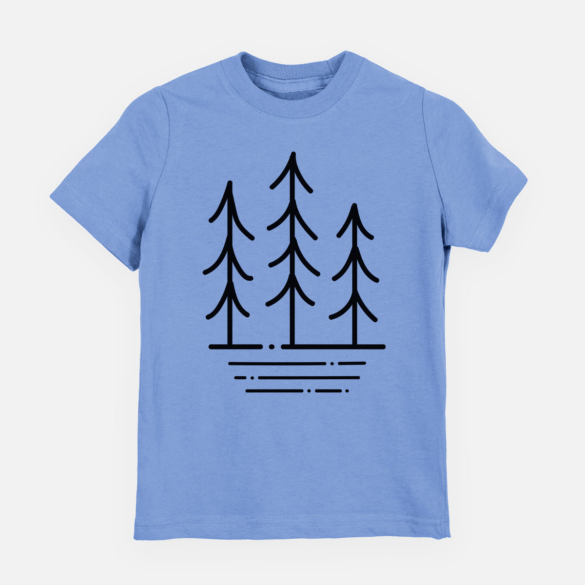 Carolina blue youth t-shirt laid flat, printed with black line art of three simple pine trees above horizontal lines.