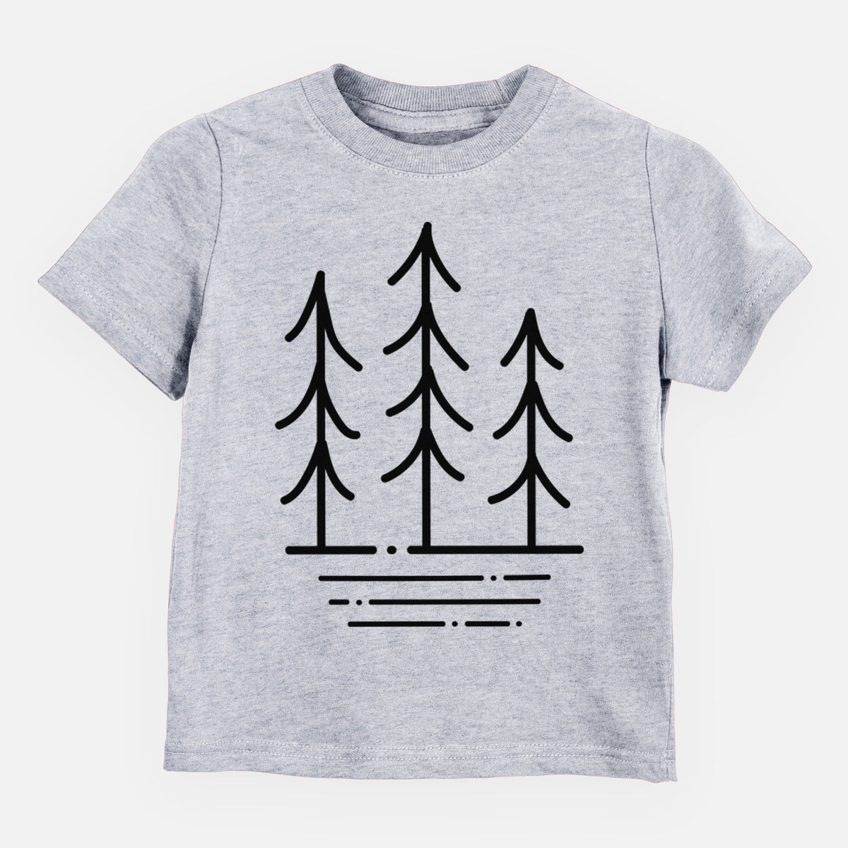 Heather grey toddler t-shirt laid flat, printed with black line art of three simple pine trees above horizontal lines.