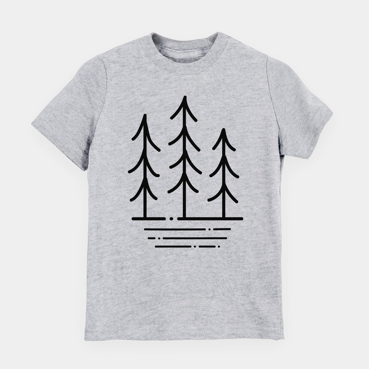 Heather grey youth t-shirt laid flat, printed with black line art of three simple pine trees above horizontal lines.