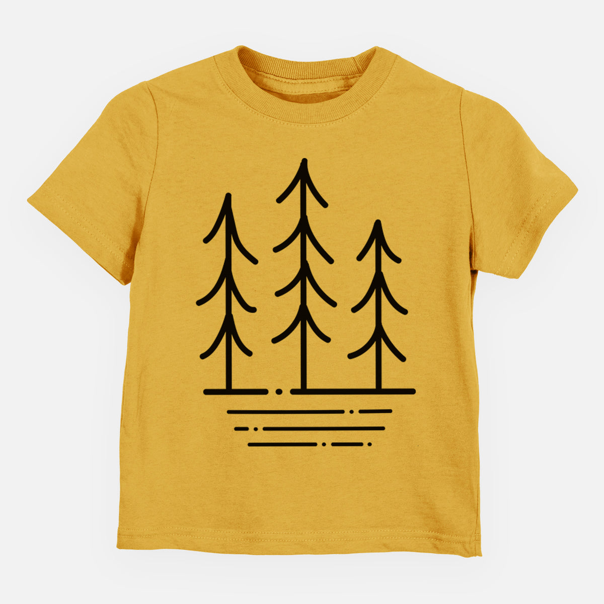 Honeycomb yellow toddler t-shirt laid flat, printed with black line art of three simple pine trees above horizontal lines.