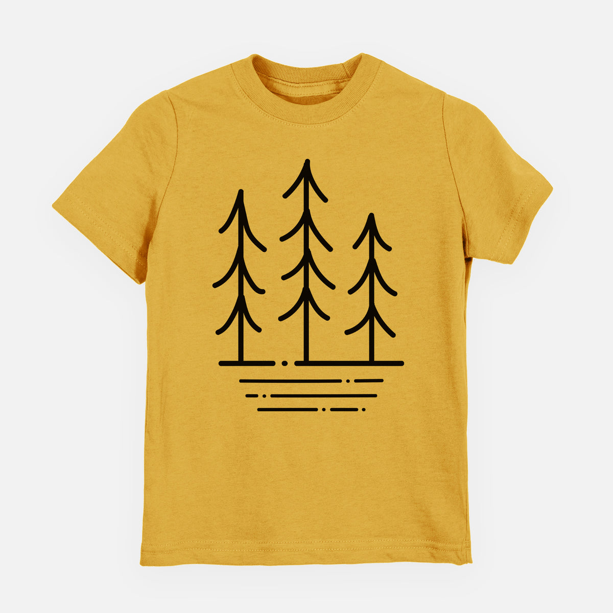 Honeycomb yellow youth t-shirt laid flat, printed with black line art of three simple pine trees above horizontal lines.