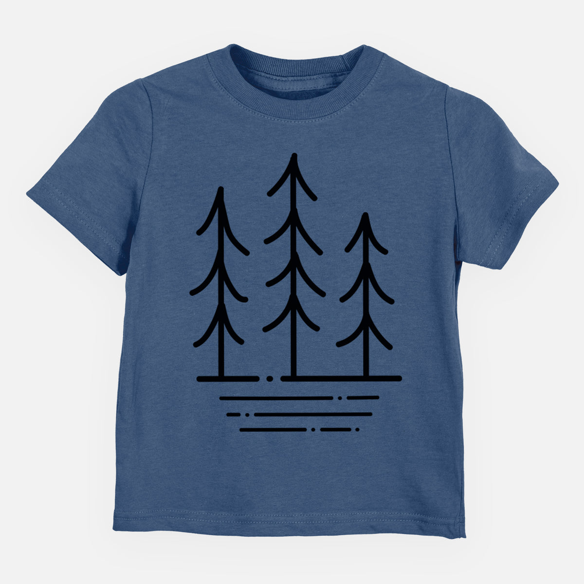 Indigo blue toddler t-shirt laid flat, printed with black line art of three simple pine trees above horizontal lines.
