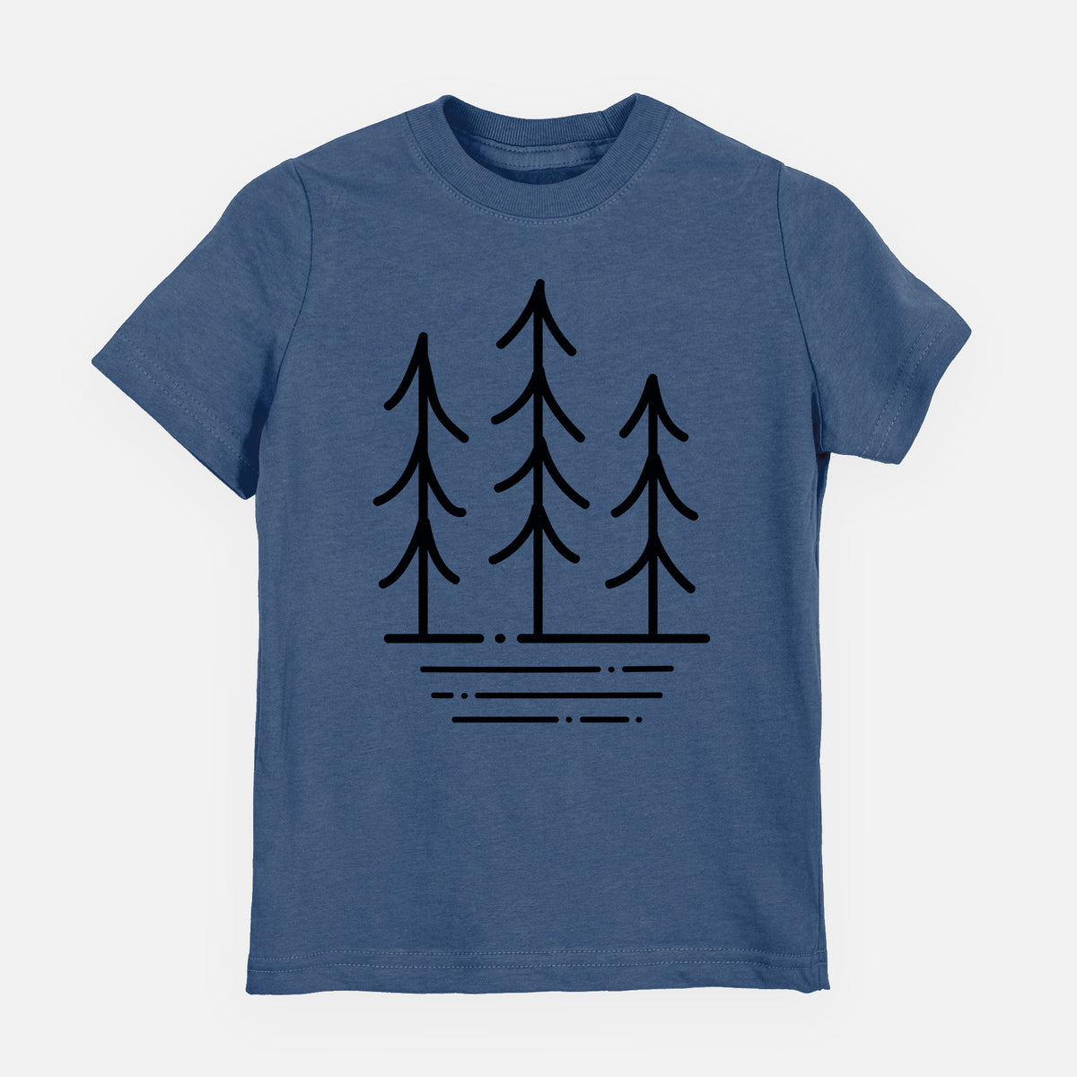 Indigo blue youth t-shirt laid flat, printed with black line art of three simple pine trees above horizontal lines.
