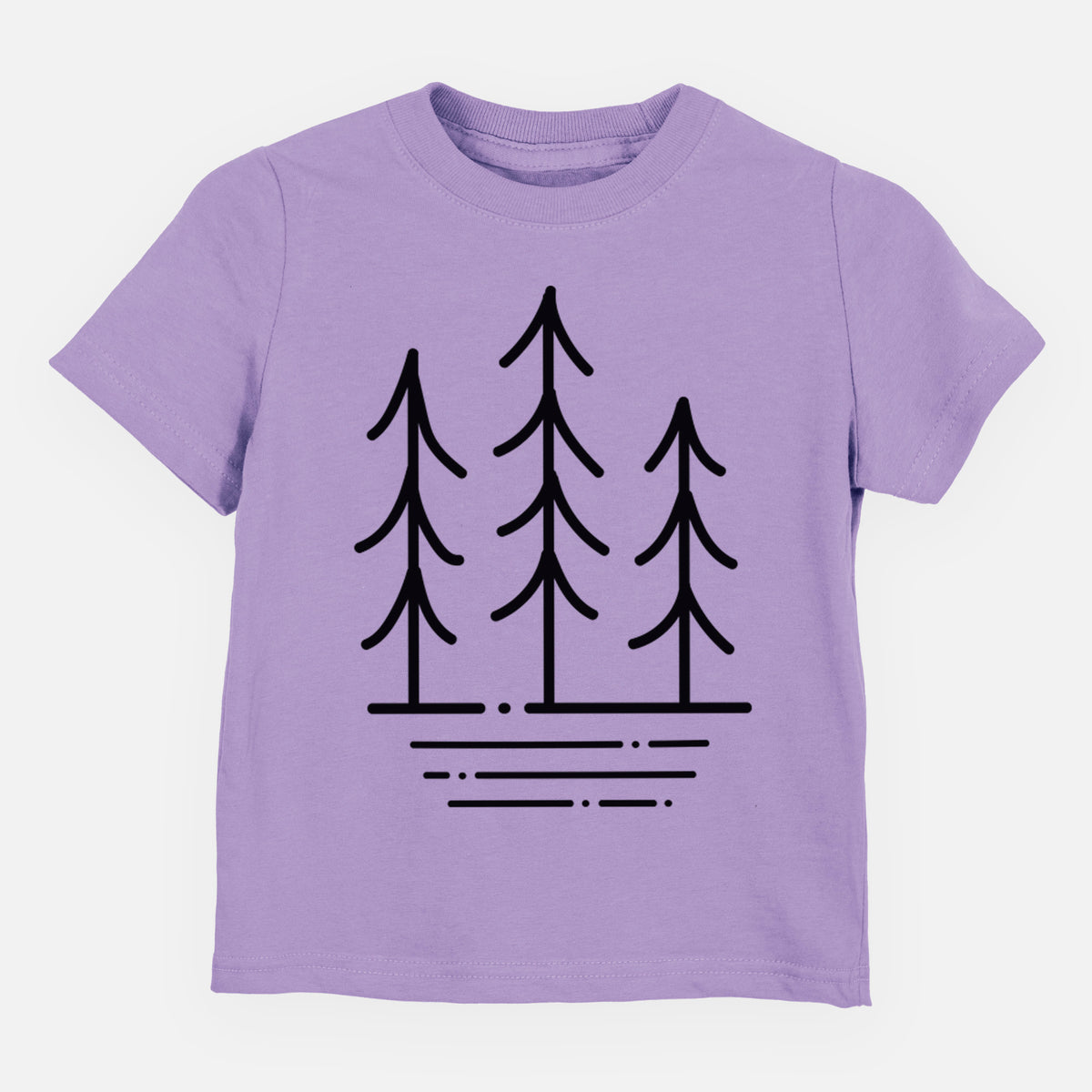Lavender toddler t-shirt laid flat, printed with black line art of three simple pine trees above horizontal lines.
