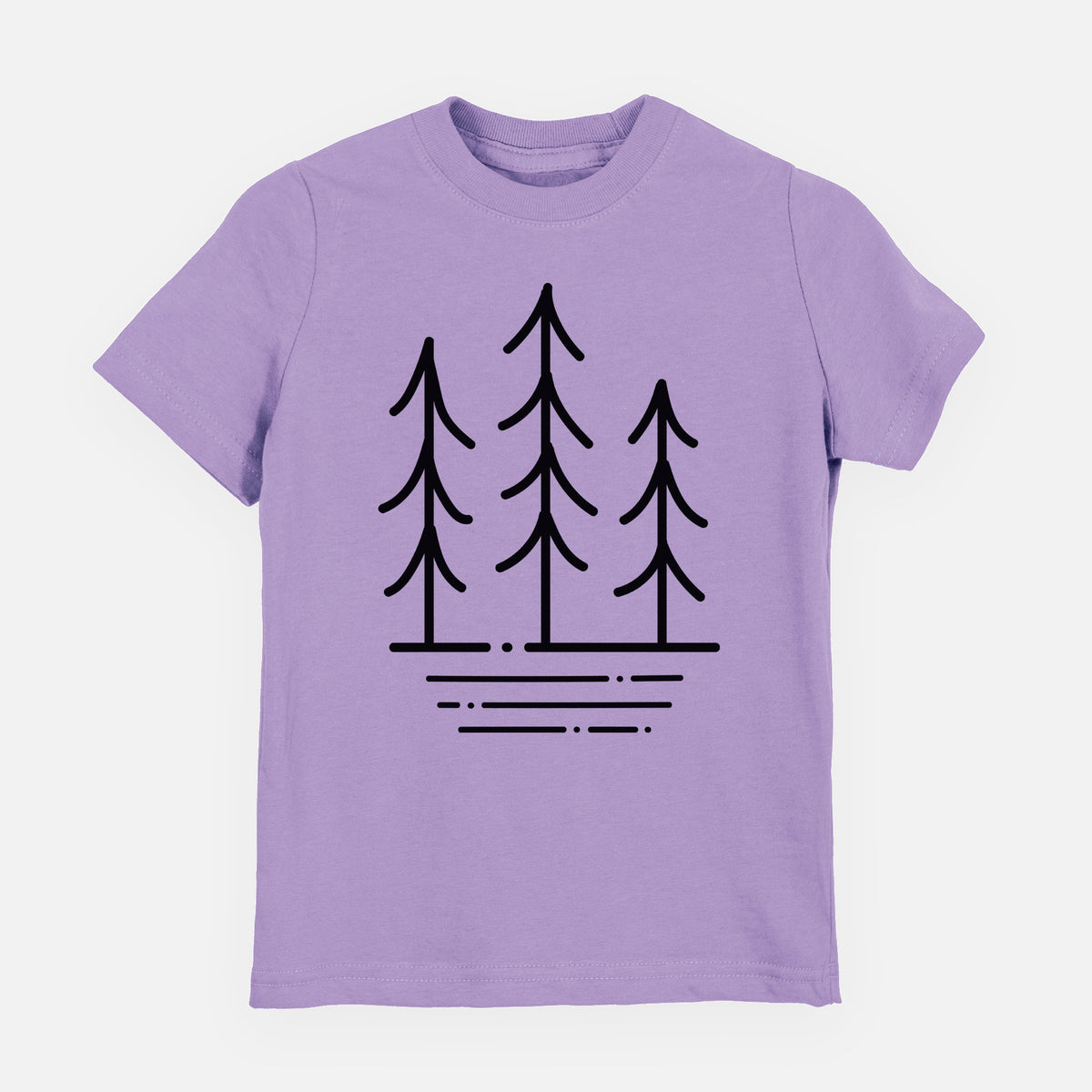 Lavender youth t-shirt laid flat, printed with black line art of three simple pine trees above horizontal lines.