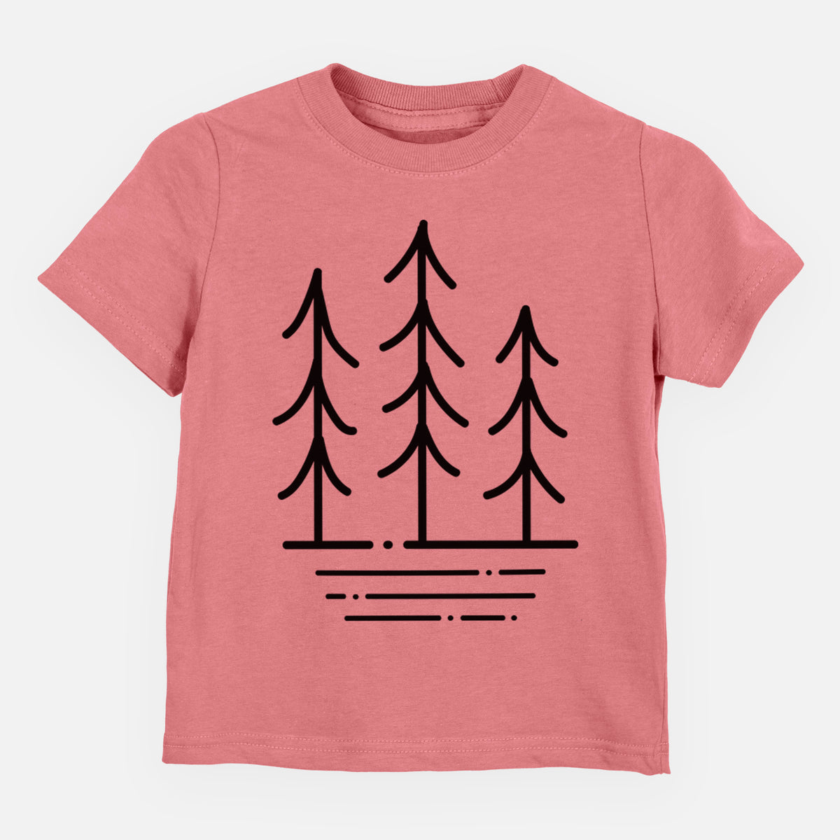 Mauve pink toddler t-shirt laid flat, printed with black line art of three simple pine trees above horizontal lines.