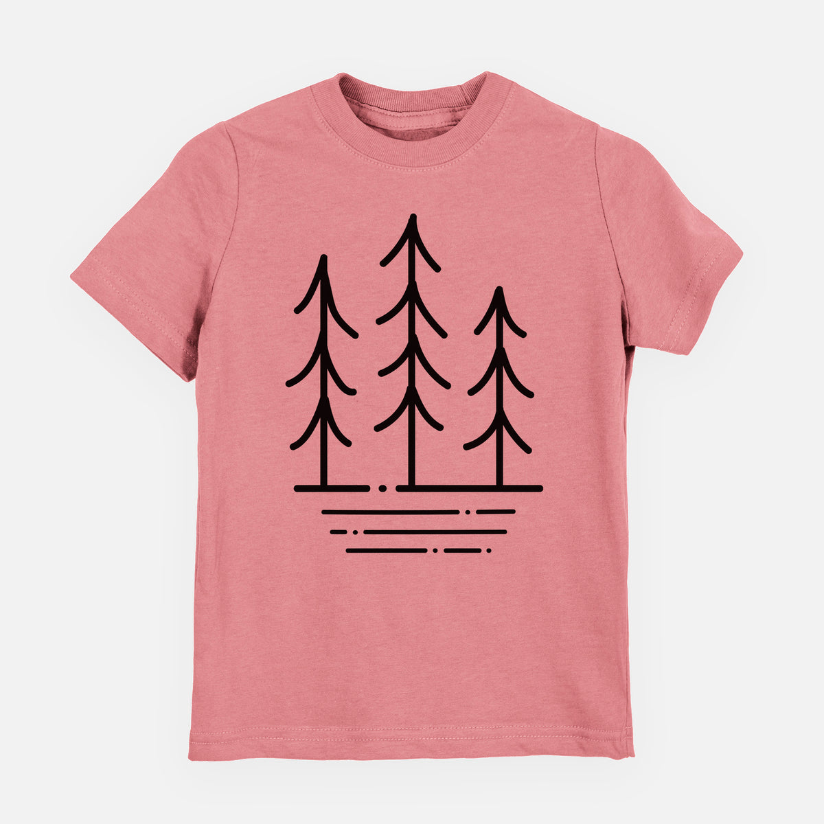 Mauve pink youth t-shirt laid flat, printed with black line art of three simple pine trees above horizontal lines.