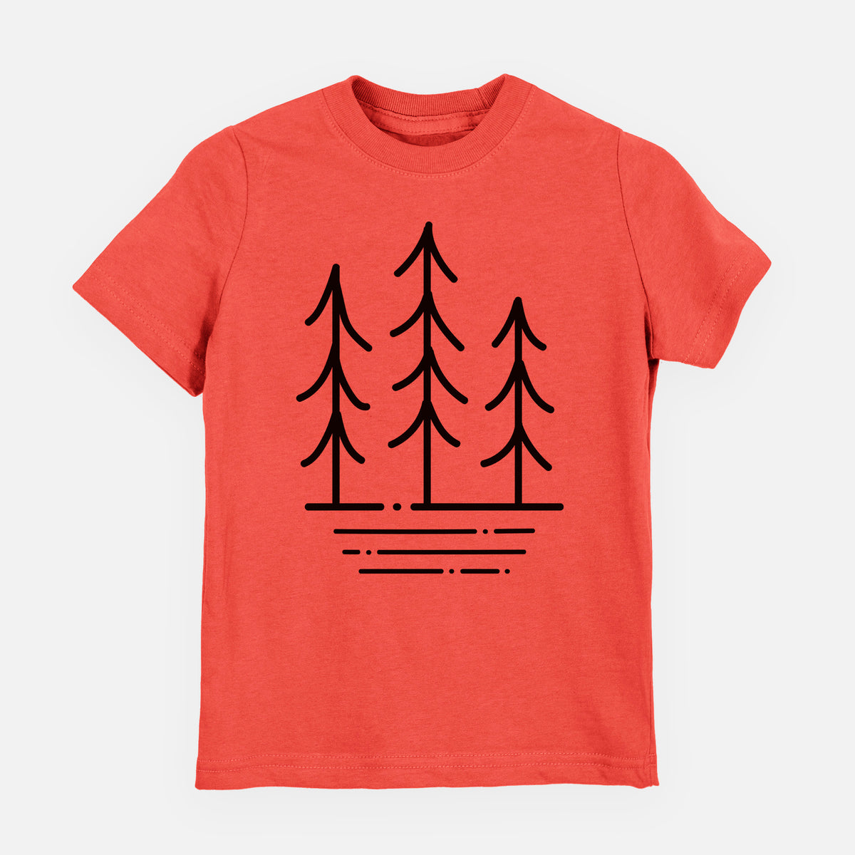 Passionfruit pink youth t-shirt laid flat, printed with black line art of three simple pine trees above horizontal lines.