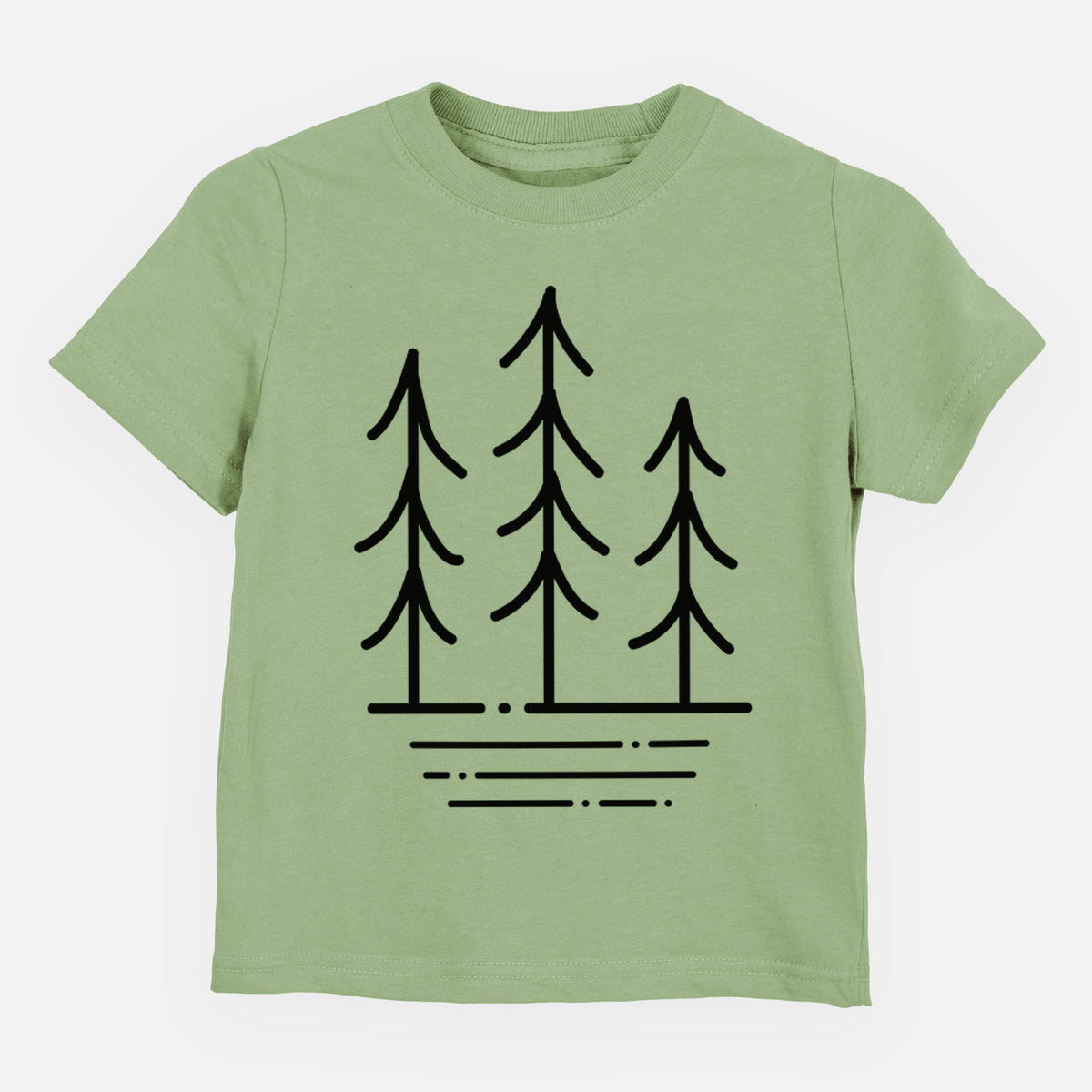 Sage green toddler t-shirt laid flat, printed with black line art of three simple pine trees above horizontal lines.