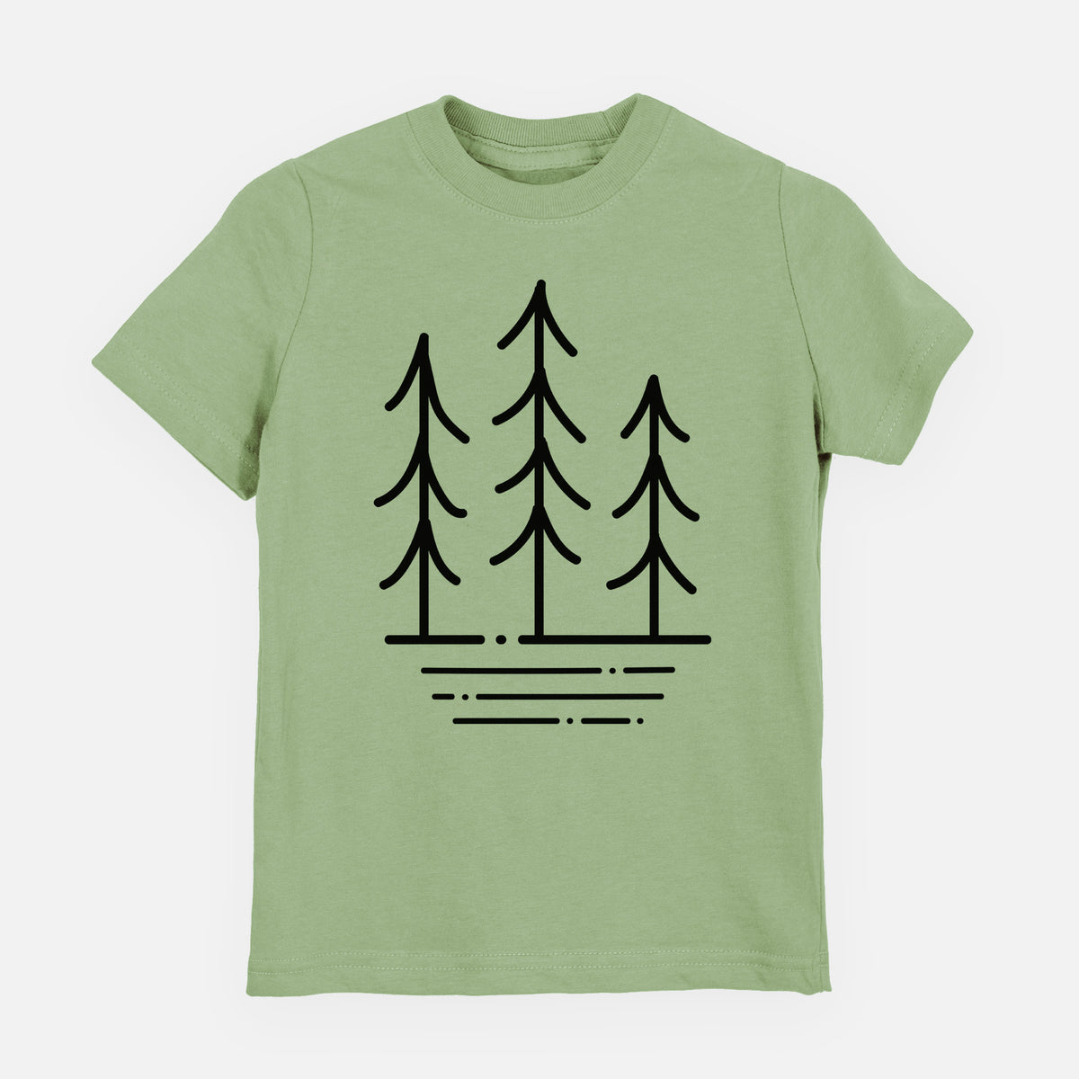 Sage green youth t-shirt laid flat, printed with black line art of three simple pine trees above horizontal lines.