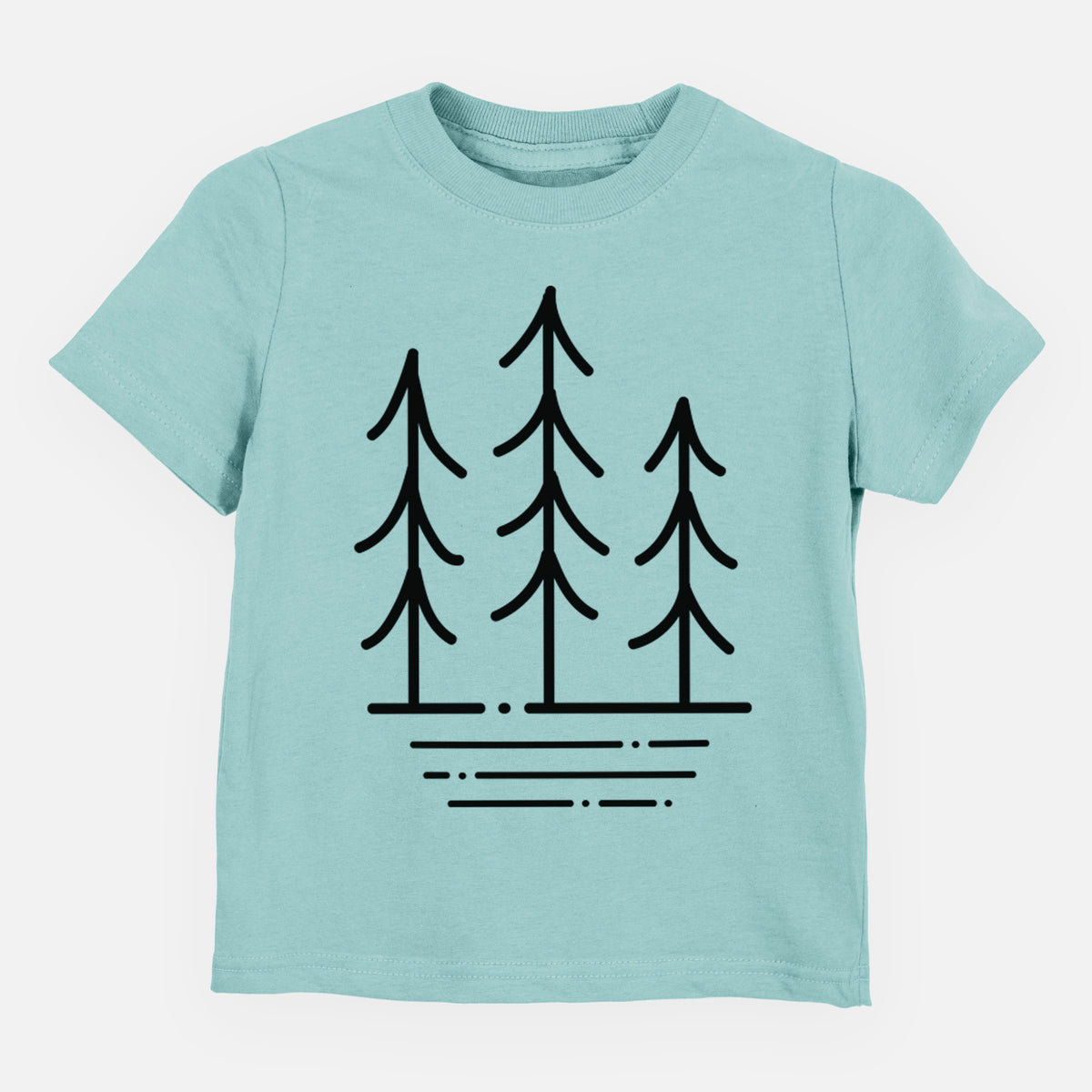 Saltwater toddler t-shirt laid flat, printed with black line art of three simple pine trees above horizontal lines.