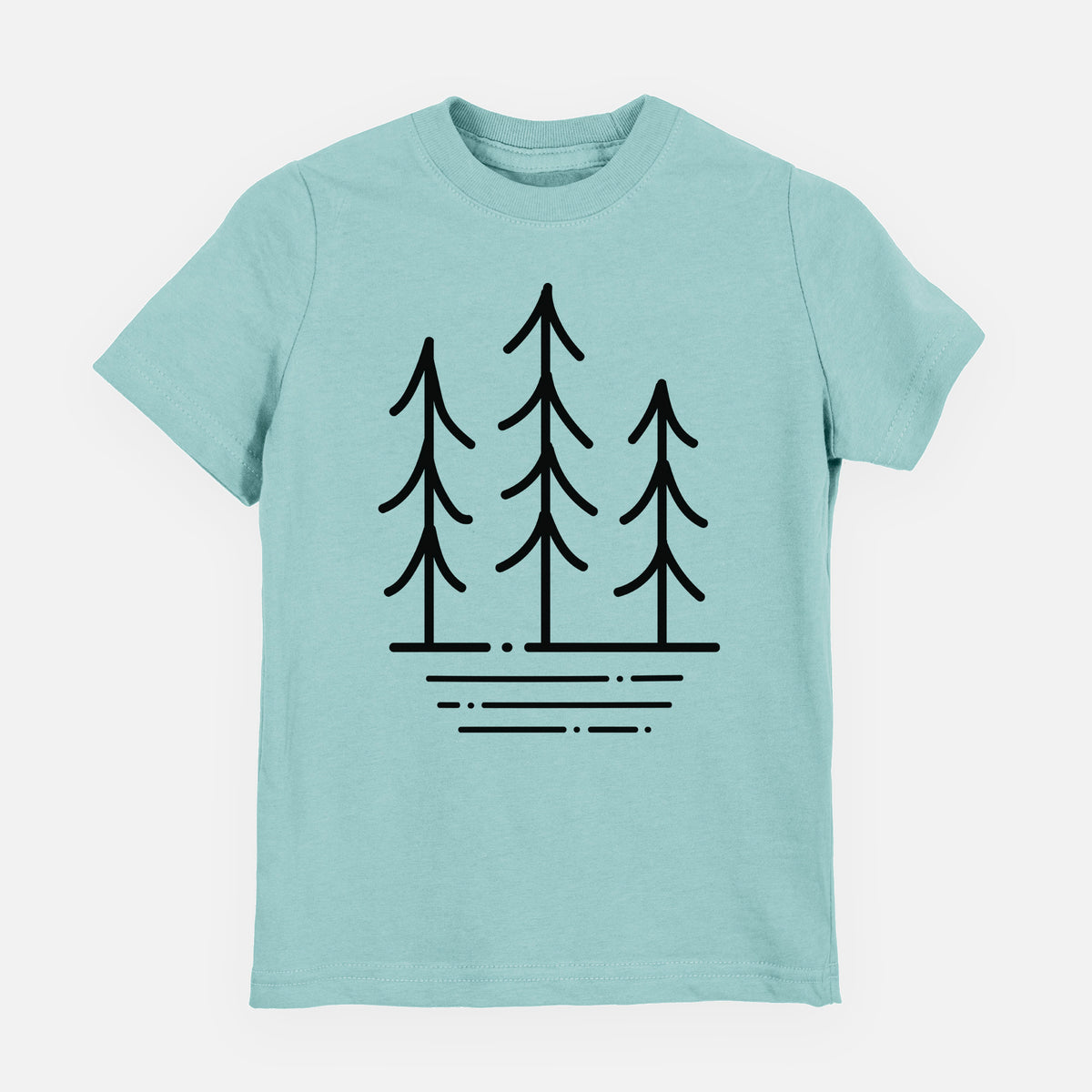 Saltwater youth t-shirt laid flat, printed with black line art of three simple pine trees above horizontal lines.