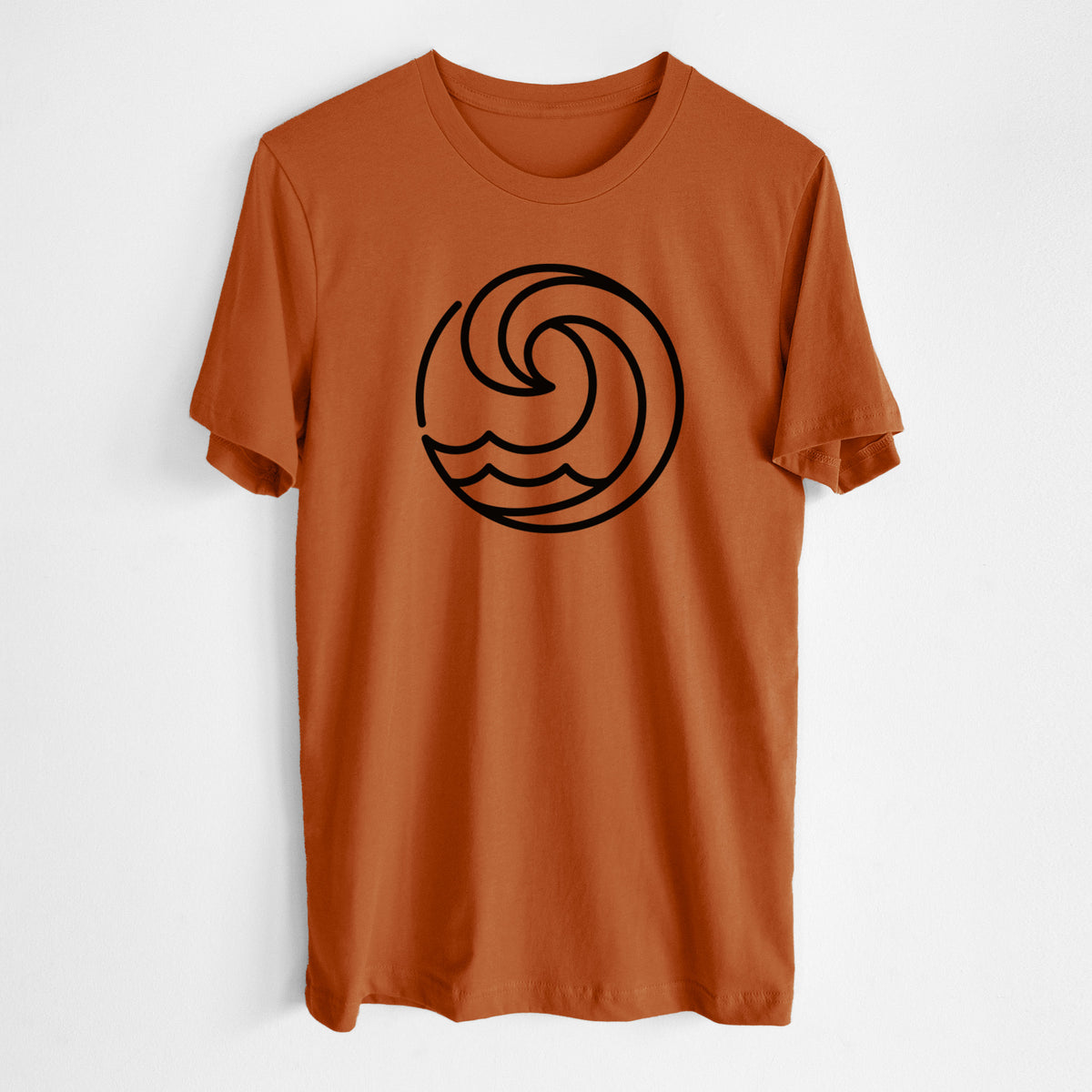 Autumn lightweight cotton t-shirt laid flat, printed with a bold black line art circle of a curling ocean wave.
