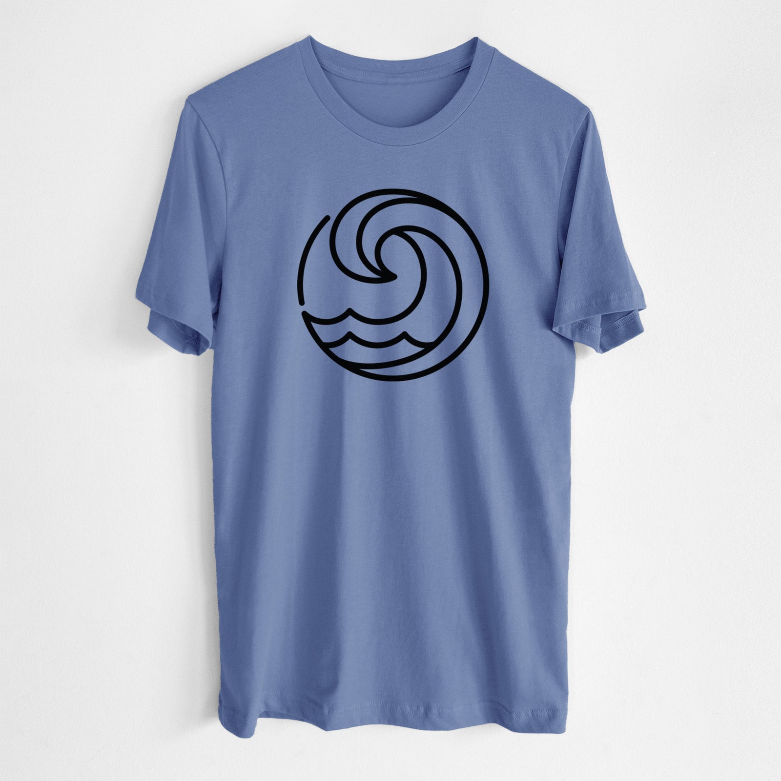Blue bell lightweight cotton t-shirt laid flat, printed with a bold black line art circle of a curling ocean wave.