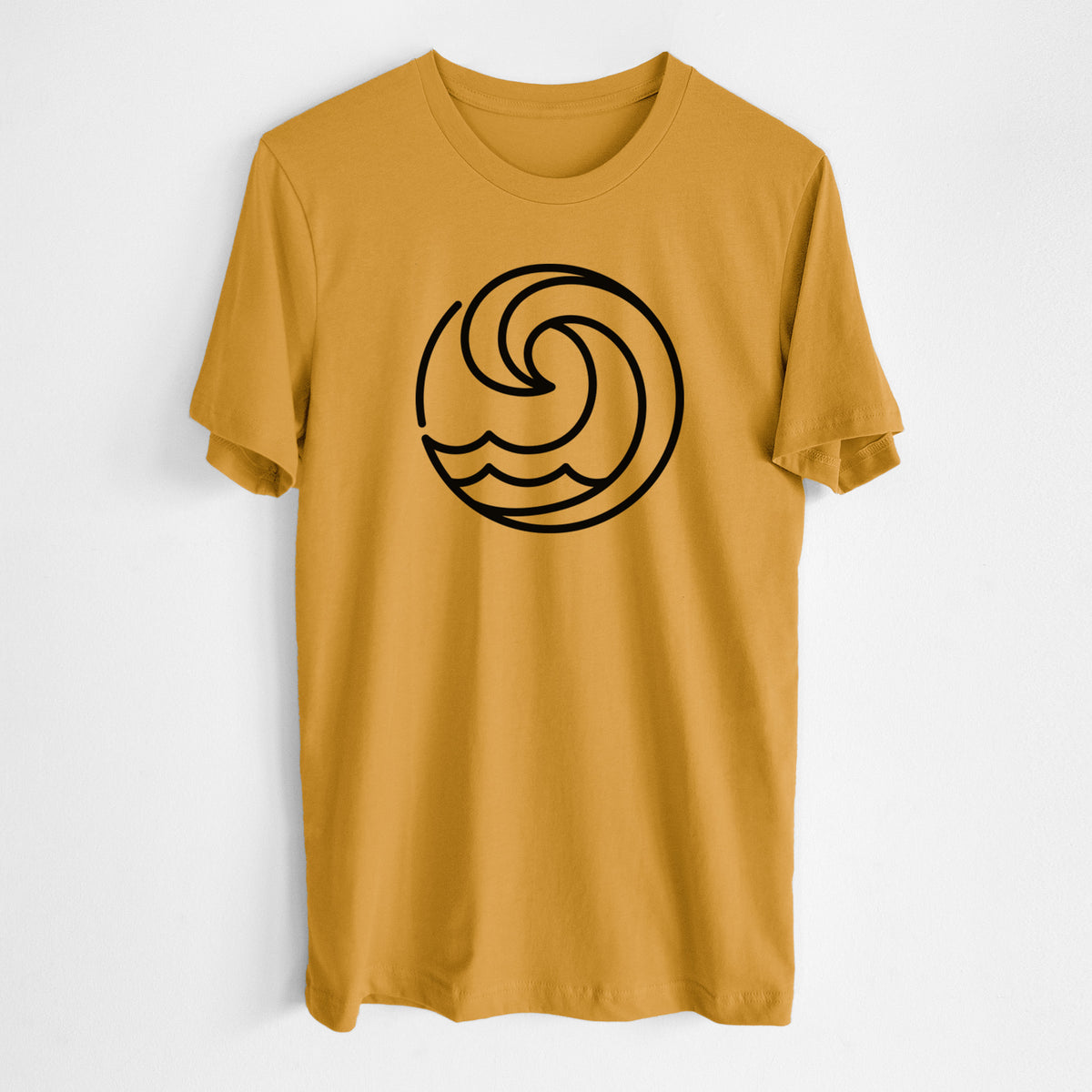 Honeycomb yellow lightweight cotton t-shirt laid flat, printed with a bold black line art circle of a curling ocean wave.