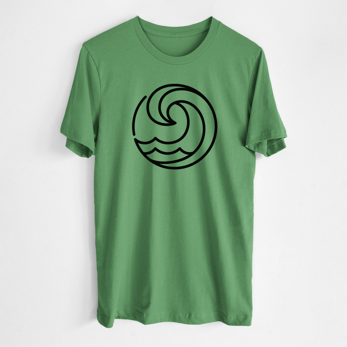 Leaf green lightweight cotton t-shirt laid flat, printed with a bold black line art circle of a curling ocean wave.