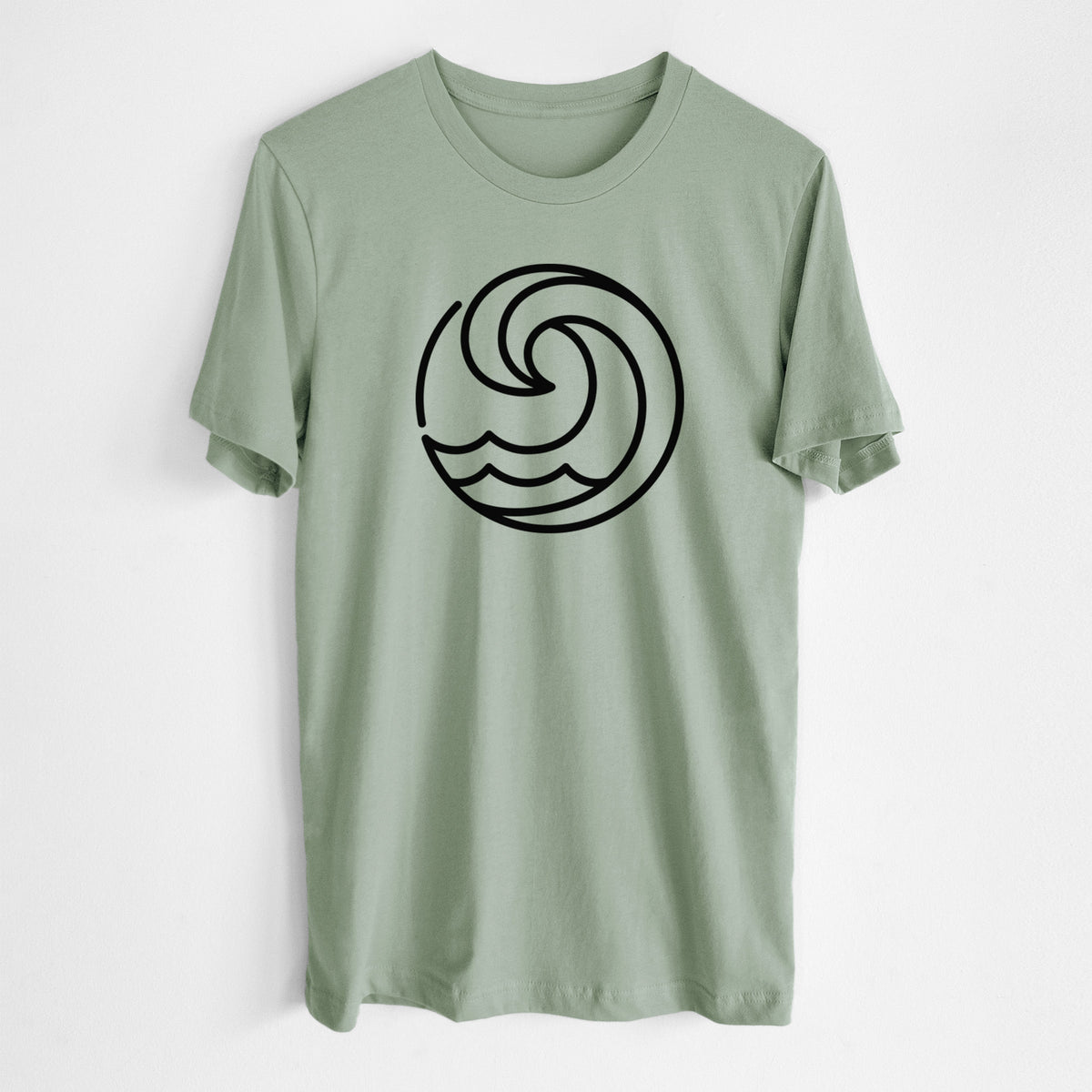 Sage green lightweight cotton t-shirt laid flat, printed with a bold black line art circle of a curling ocean wave.