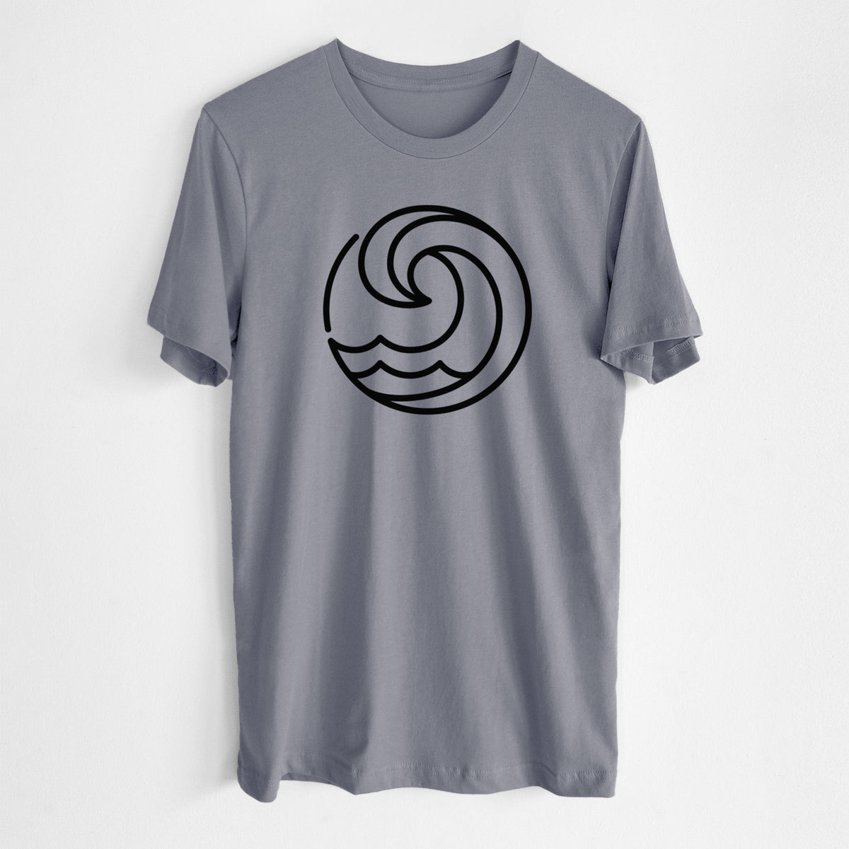 Storm grey lightweight cotton t-shirt laid flat, printed with a bold black line art circle of a curling ocean wave.