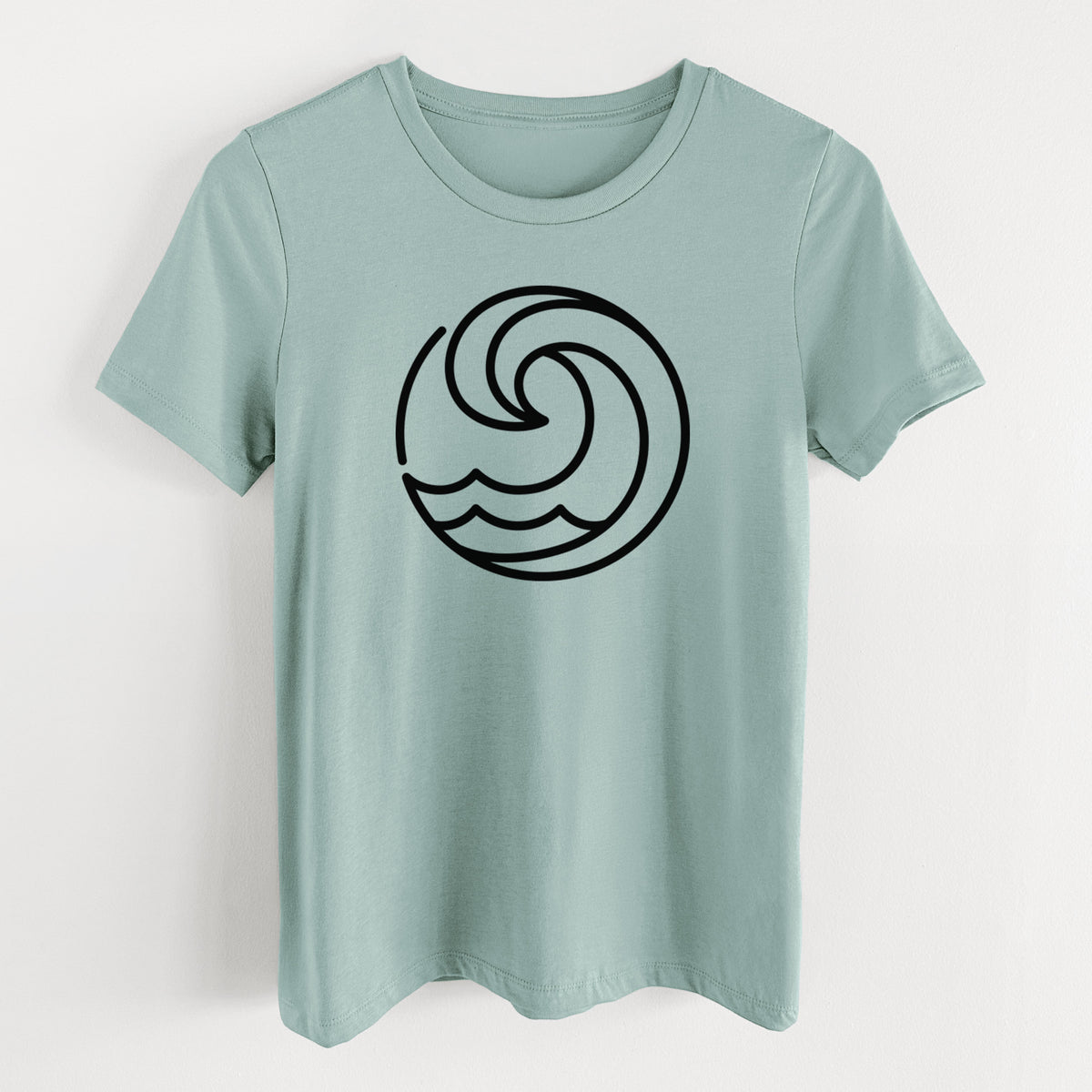 Dusty blue women's relaxed fit cotton t-shirt laid flat, printed with a bold black line art circle of a curling ocean wave.