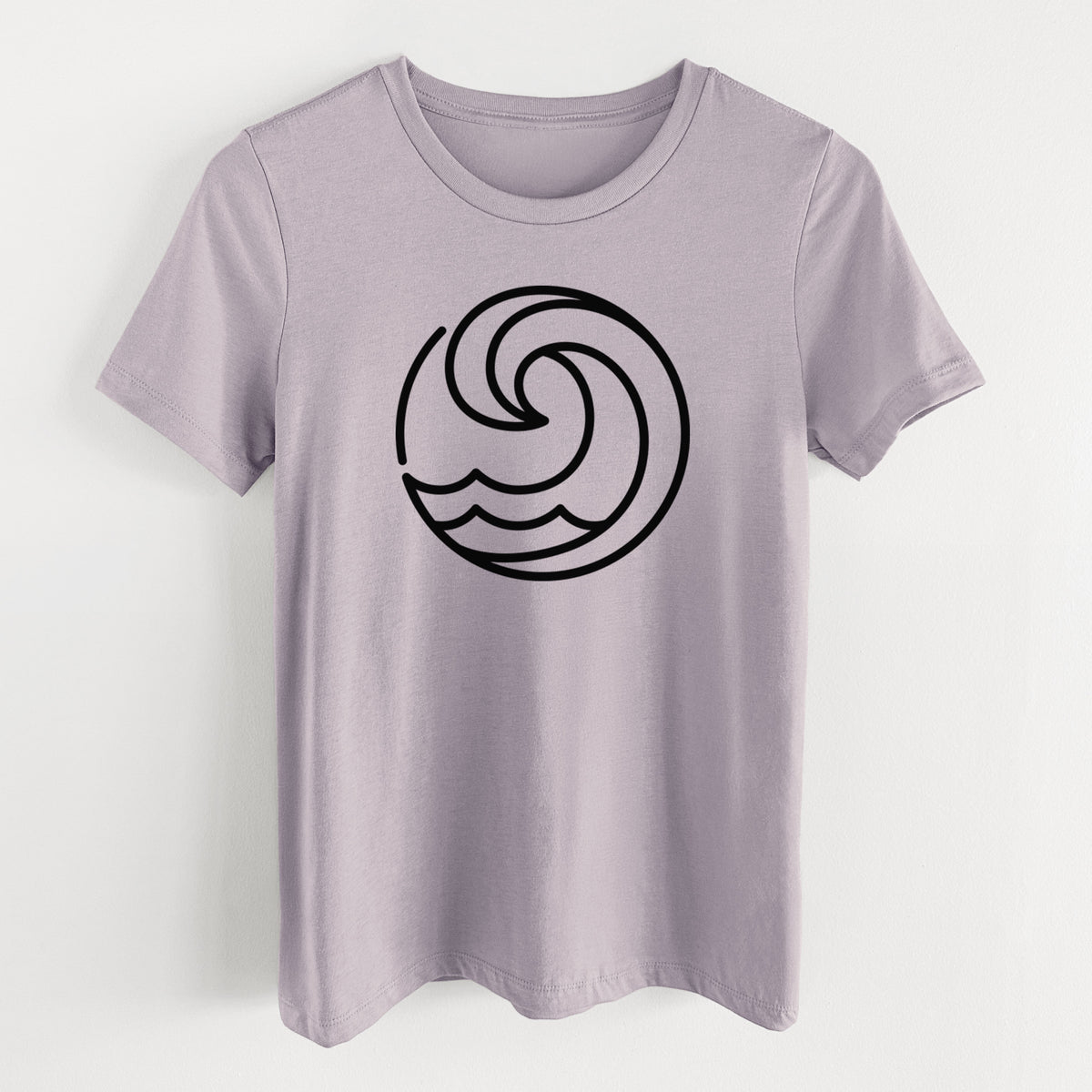 Light violet women's relaxed fit cotton t-shirt laid flat, printed with a bold black line art circle of a curling ocean wave.