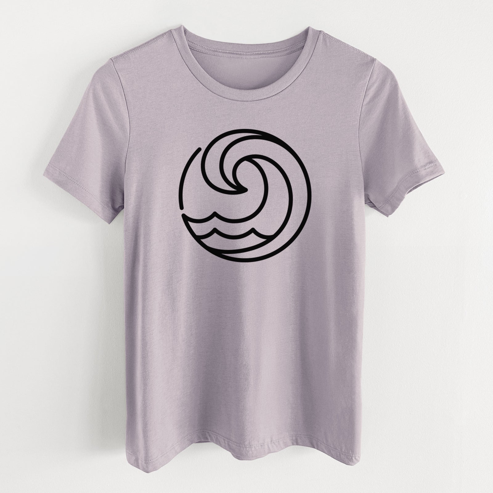 Light violet women's relaxed fit cotton t-shirt laid flat, printed with a bold black line art circle of a curling ocean wave.