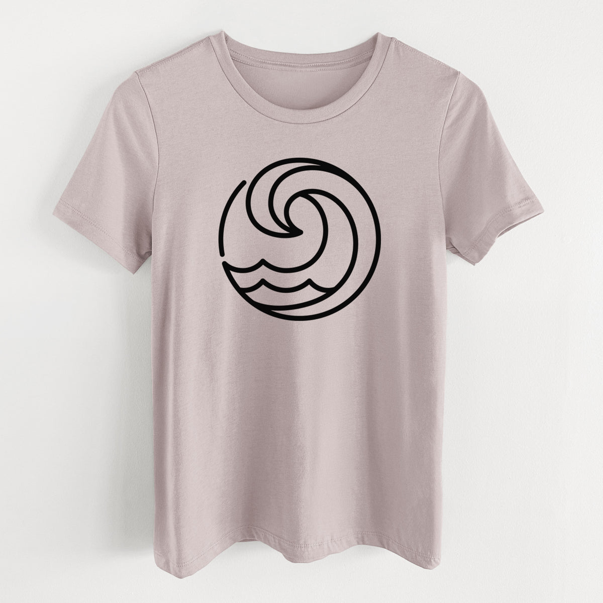 Pink gravel women's relaxed fit cotton t-shirt laid flat, printed with a bold black line art circle of a curling ocean wave.