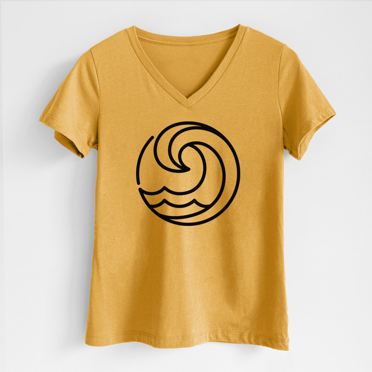 Honeycomb yellow women's relaxed fit cotton V-neck t-shirt laid flat, printed with a bold black line art circle of a curling ocean wave.