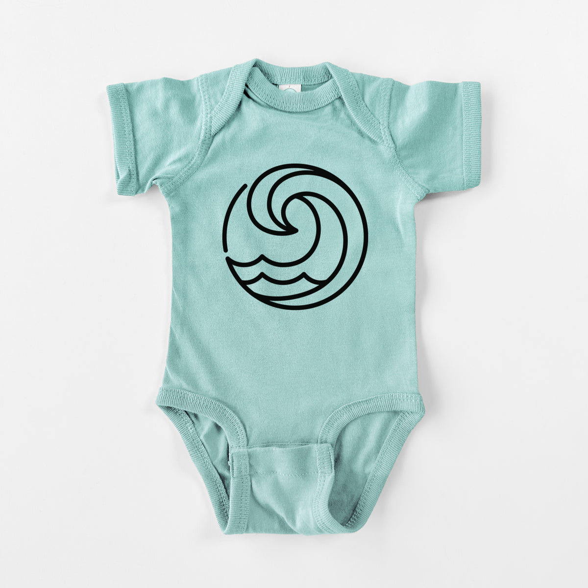 Saltwater baby bodysuit laid flat, printed with a bold black line art circle of a curling ocean wave.