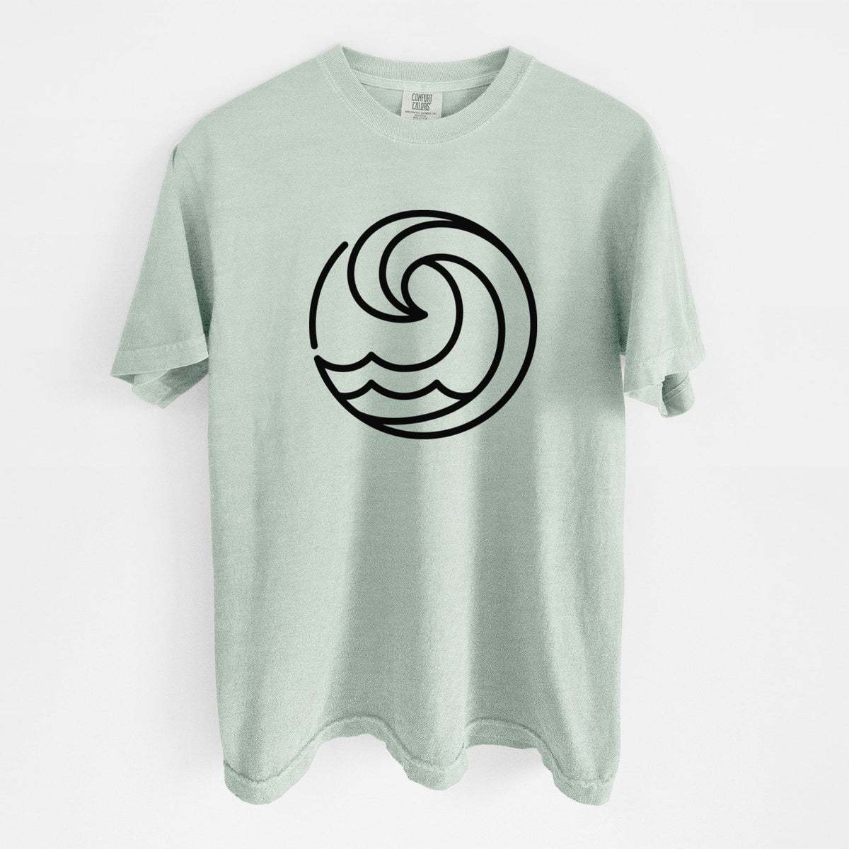 Bay green Comfort Colors t-shirt laid flat, printed with a bold black line art circle of a curling ocean wave.