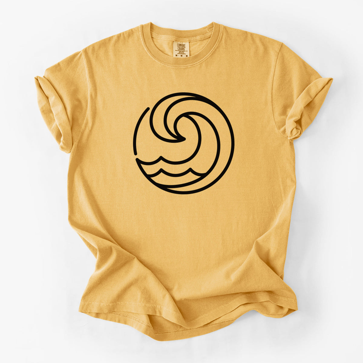 Golden wheat yellow Comfort Colors t-shirt laid flat, printed with a bold black line art circle of a curling ocean wave.