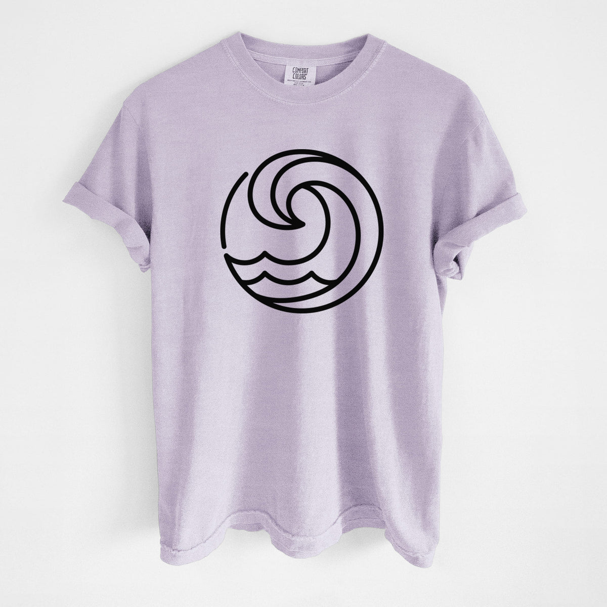 Orchid purple Comfort Colors t-shirt laid flat, printed with a bold black line art circle of a curling ocean wave.