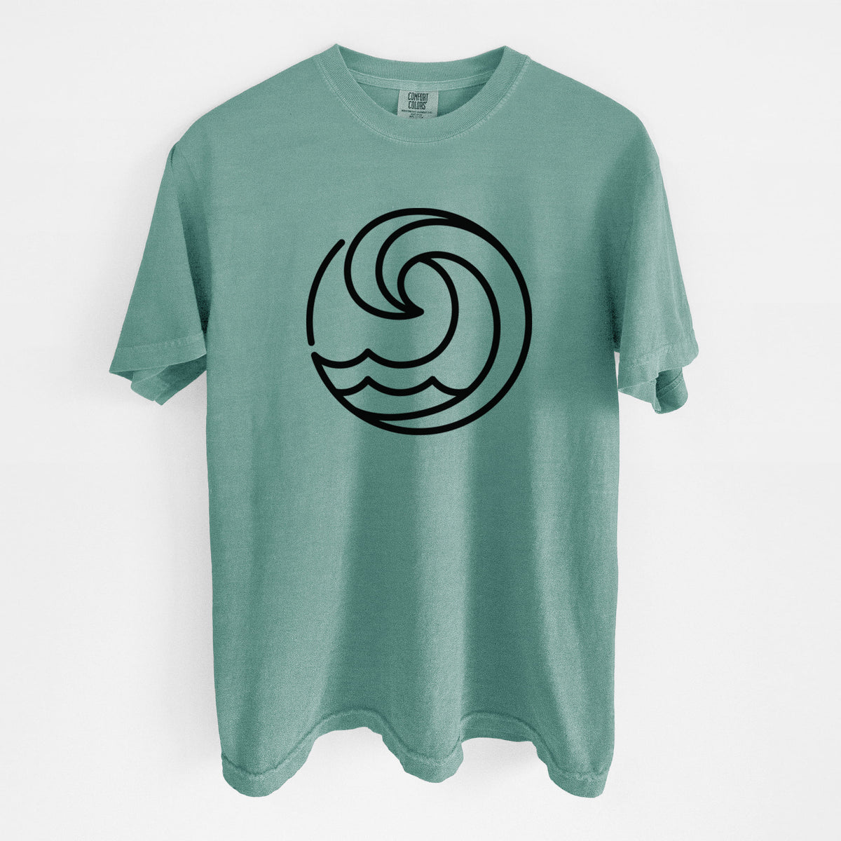 Reef green Comfort Colors t-shirt laid flat, printed with a bold black line art circle of a curling ocean wave.