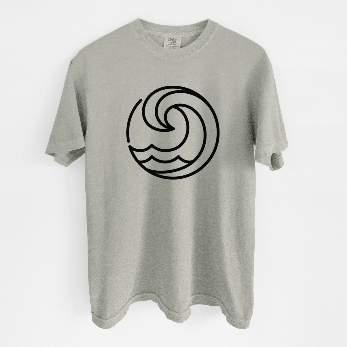 Sandstone beige Comfort Colors t-shirt laid flat, printed with a bold black line art circle of a curling ocean wave.