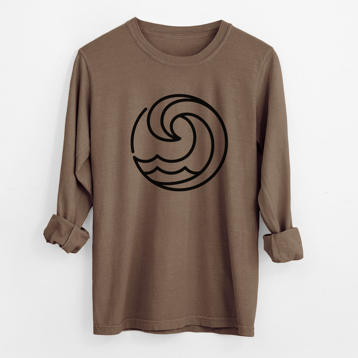 Espresso brown Comfort Colors long sleeve shirt laid flat with the cuffs rolled, printed with a bold black line art circle of a curling ocean wave.
