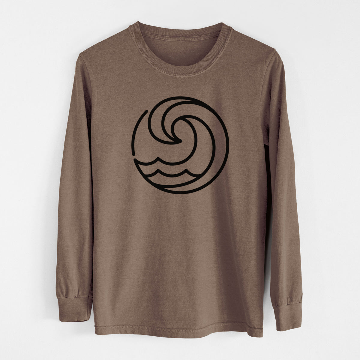 Espresso brown Comfort Colors long sleeve shirt laid flat, printed with a bold black line art circle of a curling ocean wave.