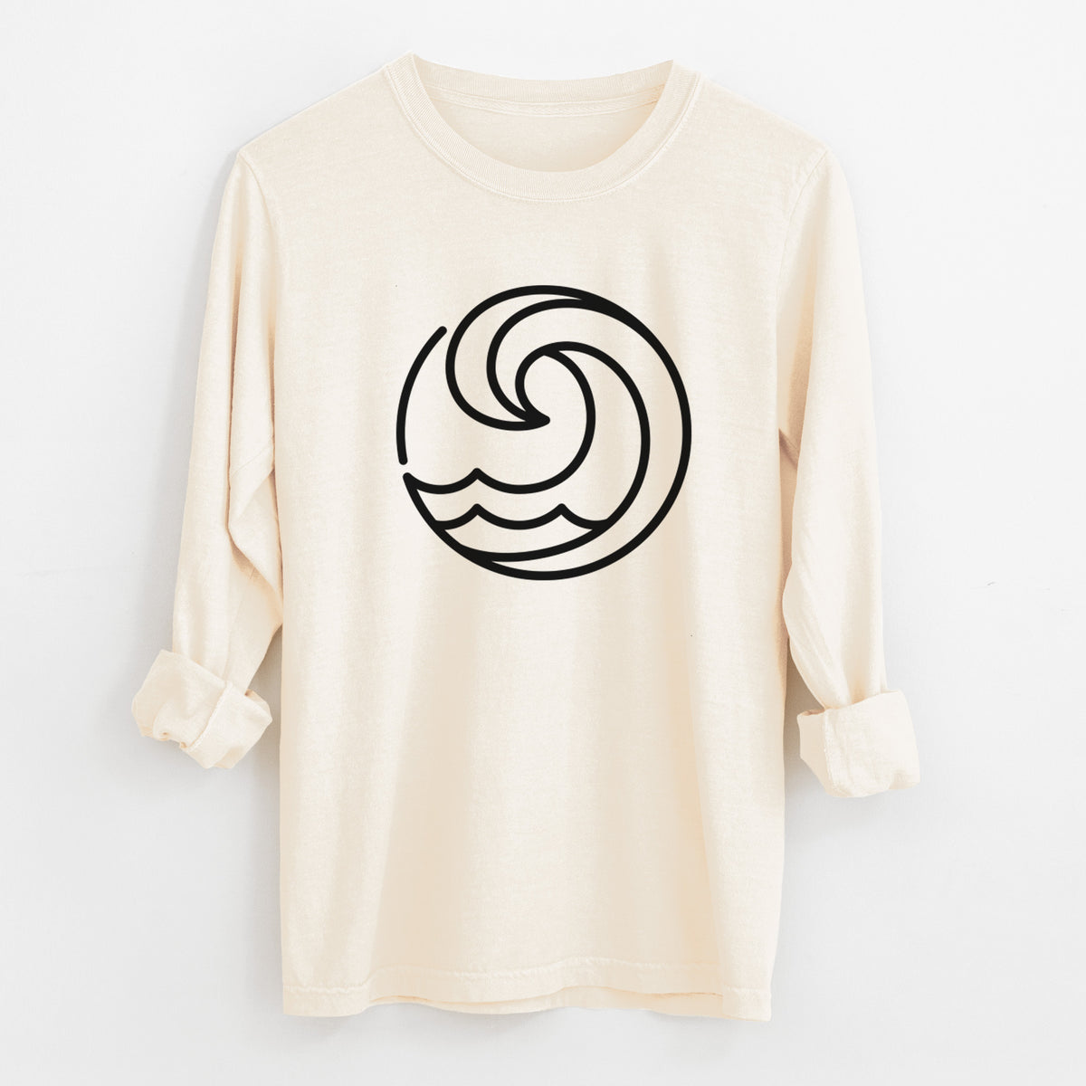 Ivory Comfort Colors long sleeve shirt laid flat with the cuffs rolled, printed with a bold black line art circle of a curling ocean wave.